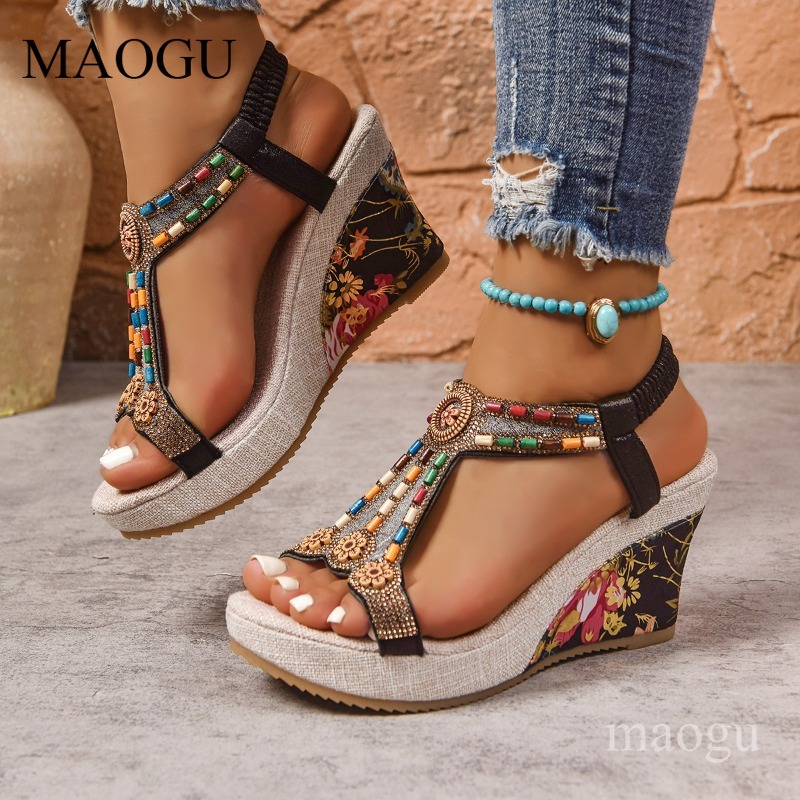 Boho Beaded Floral Wedge Sanda - Ethnic Fashion Women review and price