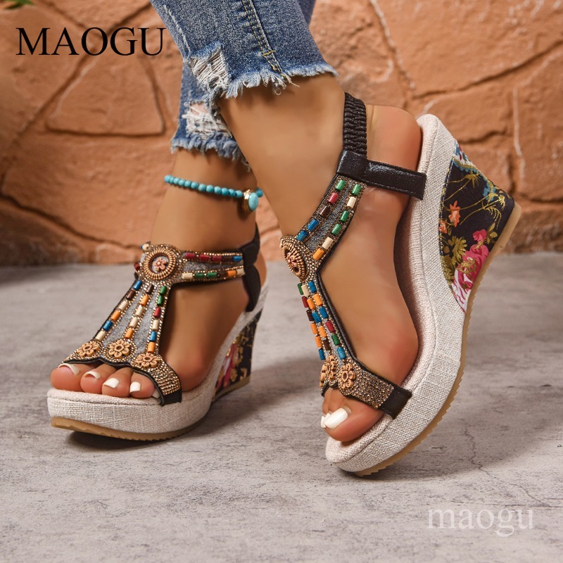 Boho Beaded Floral Wedge Sanda - Ethnic Fashion Women review and price